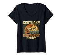 Womens Kentucky Spirit Shirt Sunset Horses Barrels State Map Pride V-Neck T-Shirt