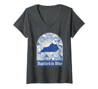 Womens Kentucky State Pride, Baptized in Blue, Stained Glass Look V-Neck T-Shirt