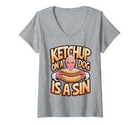 Womens Ketchup on a Dog is a Sin Funny Hotdog Quote V-Neck T-Shirt