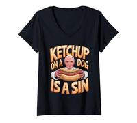 Womens Ketchup on a Dog is a Sin Funny Hotdog Quote V-Neck T-Shirt