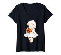 Women's Kewpie Baby Ghost Pumpkin Jack-o-Lantern V-Neck T-Shirt