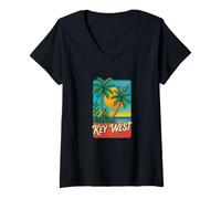 Womens Key West Florida Retro Sunset Palm Island Vacation V-Neck T-Shirt