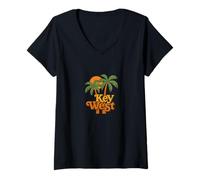 Womens Key West Florida Retro Sunset Palm Island Vacation V-Neck T-Shirt
