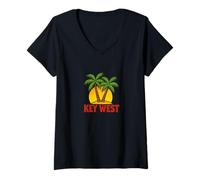 Womens Key West Florida Retro Sunset Palm Island Vacation V-Neck T-Shirt
