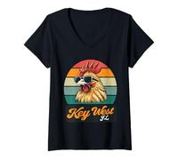 Womens Key West Florida Rooster Chicken With Glasses Sunset 2025 FL V-Neck T-Shirt