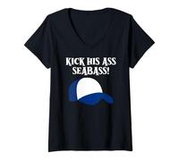 Womens Kick His Ass Seabass Funny Retro Humor Design V-Neck T-Shirt