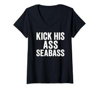 Womens Kick His Ass Seabass - Retro Funny Quote Typography V-Neck T-Shirt