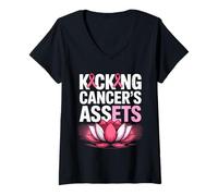Womens Kicking Cancer's Assets Breast Cancer Awareness Ribbon Lotus V-Neck T-Shirt