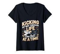 Women's Kicking My Way Through Life One Belt At A Time V-Neck T-Shirt