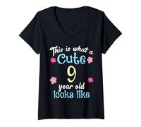 Womens Kids Birthday This Is What A Cute 9 Nine Year Old Looks Like V-Neck T-Shirt