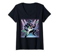 Womens Kids Black Panther Playing Guitar Rock Star Rock and Roll V-Neck T-Shirt