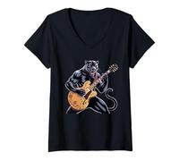 Womens Kids Black Panther Playing Guitar Rock Star Rock and Roll V-Neck T-Shirt