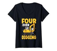 Women's Kids Four Ever Digging Excavator Construction 4th Birthday V-Neck T-Shirt