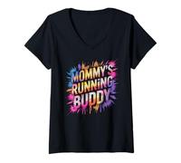 Women's Kids Mommy's Running Buddy Half Marathon 5K Mudder Mother V-Neck T-Shirt