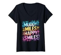Women's Kids Muddy Miles Happy Smiles Mud Run Mudder Off Road Squad V-Neck T-Shirt