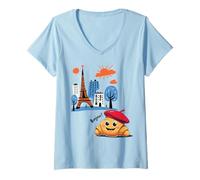 Womens Kids Paris France Croissant with Beret Hello in French Tower V-Neck T-Shirt