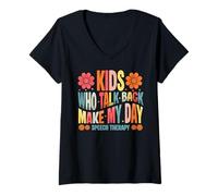 Women's Kids Who Talk Back Make My Day Speech Language Therapist SLP V-Neck T-Shirt