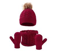 Womens Kids Winter Warm Sets Knitted Pom Beanie Hat Circle Scarf and Mitten 3 Pieces Cold Weather Sets Girls Unisex Thermal Pom Bobble Cap Loop Scarf Gloves Gift Sets for Outdoor Skiing Cycling Red