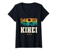 Women's Kihei Maui Retro Sunset Tropical Hawaii Palm Beach V-Neck T-Shirt