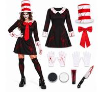 Womens Killer Cat Halloween Fancy Dress Costume 7 Piece Set Blood Prop | seven piece costume set, black dress with striped hat, horror face paint and knife prop, Small to XX-Large