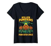 Womens Killer Pumpkins from Outer Space | Retro UFO Halloween V-Neck T-Shirt