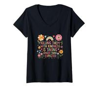 Women's Killing Them with Kindness Boho Rainbow Flowers Humor V-Neck T-Shirt