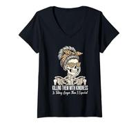Women's Killing Them with Kindness Leaning Skeleton Messy Bun V-Neck T-Shirt