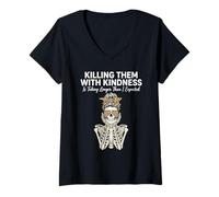 Women's Killing Them with Kindness Skeleton Leopard Messy Bun V-Neck T-Shirt