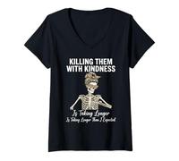 Women's Killing Them with Kindness Skeleton Messy Bun Mom V-Neck T-Shirt