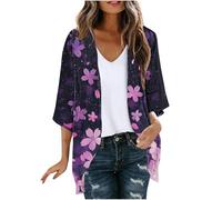 Women's Kimono Cardigan Beach Jacket Summer Long 3/4 Sleeves Casual Lightweight Open Front Boho Bolero Floral Print Large Sizes Bikini Cover Up for Holidays