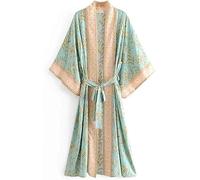 Women's Kimono Dressing Gown Floral Beach Cardigan Long Kimono Robe Bikini Cover Silk Satin Nightwear Pyjamas Bathrobe (Green,S)