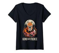 Womens Kind But Fierce Fox with Floral Moon Scene V-Neck T-Shirt