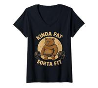 Womens Kinda Fat Sorta Fit - Funny Gym Bear Weightlifting Workout V-Neck T-Shirt