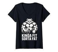 Women's Kinda Fit Sorta Fat Funny Gym Bear Workout Weightlifting V-Neck T-Shirt