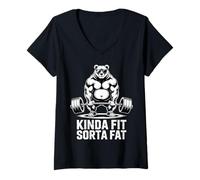 Women's Kinda Fit Sorta Fat Funny Gym Bear Workout Weightlifting V-Neck T-Shirt