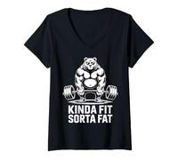 Women's Kinda Fit Sorta Fat Funny Gym Bear Workout Weightlifting V-Neck T-Shirt