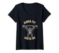 Women's Kinda Fit Sorta Fat Funny Gym Chimp Weightlifting Workout V-Neck T-Shirt
