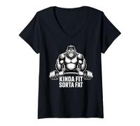 Women's Kinda Fit Sorta Fat Funny Gym Gorillas Workout Weightlifting V-Neck T-Shirt