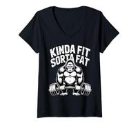 Women's Kinda Fit Sorta Fat Funny Gym Gorillas Workout Weightlifting V-Neck T-Shirt