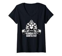 Women's Kinda Fit Sorta Fat Funny Gym Gorillas Workout Weightlifting V-Neck T-Shirt