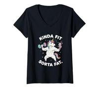 Women's Kinda Fit Sorta Fat Funny Gym Unicorn Weightlifting Workout V-Neck T-Shirt