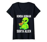 Women's Kinda Human Sorta Alien Funny Chubby Alien Eating Pizza Meme V-Neck T-Shirt