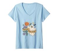 Womens Kinda Sweet Kinda Spooky Ghost and Flowers V-Neck T-Shirt