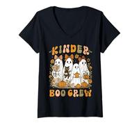 Womens Kinder Boo Crew Teacher Halloween Floral Ghost Coquette Bow V-Neck T-Shirt