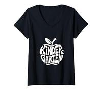 Women's Kindergarten Retro Apple First Day Teacher V-Neck T-Shirt