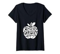 Women's Kindergarten Retro Apple First Day Teacher V-Neck T-Shirt