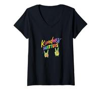 Womens Kindness Matters Rainbow, Typography with Peace Hand Signs V-Neck T-Shirt