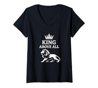 Women's King Above All Crown Lion Biblical Faith God Design V-Neck T-Shirt
