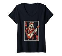 Womens King of Hearts Card Rockstar Playing Electric Guitar Rock V-Neck T-Shirt