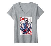 Womens King Of Hearts Patriotic Playing Card USA United States Guns V-Neck T-Shirt